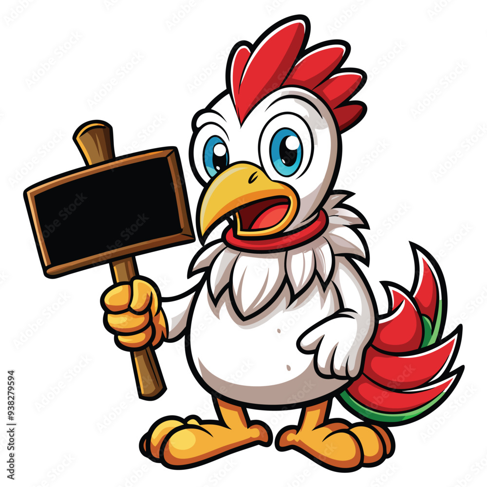 A whimsical cartoon depiction of a chicken proudly holding a sign. A whimsical cartoon depiction of a chicken proudly holding a sign.