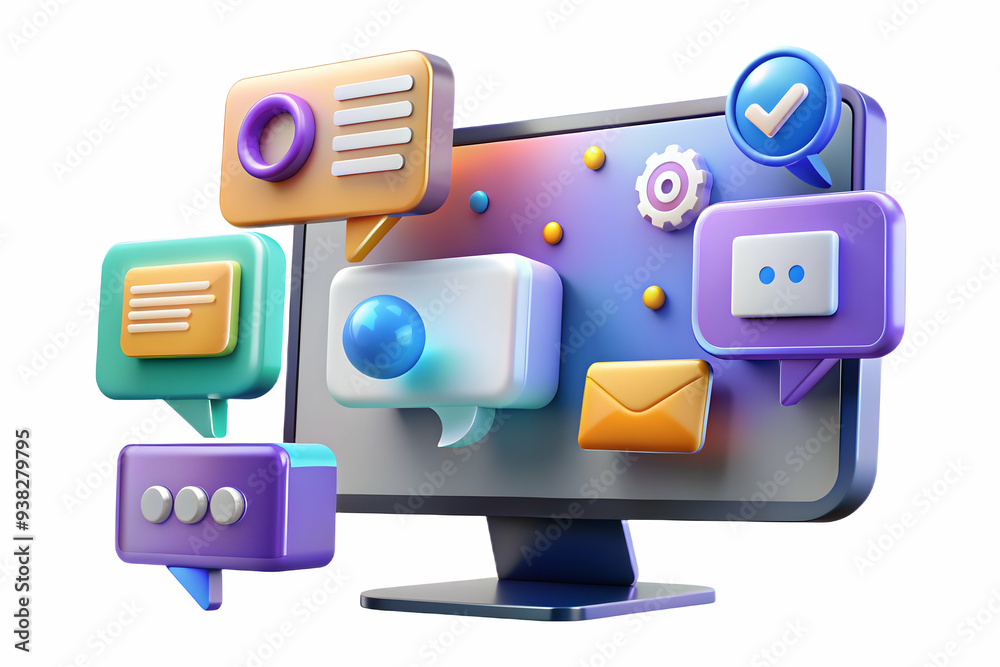 Zoom into monitor screen with holographic messaging icons on white background - ideal for virtual meetings. Stock photo concept. Zoom into monitor screen with holographic messaging icons on white background - ideal for virtual meetings. Stock photo concept.