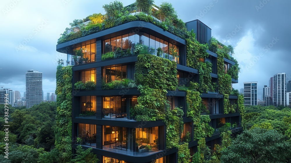 ecofriendly residential building with sleek heat pump integrated into architecture solar panels on roof lush vertical gardens blend of sustainable technology and natural elements ecofriendly residential building with sleek heat pump integrated into architecture solar panels on roof lush vertical gardens blend of sustainable technology and natural elements