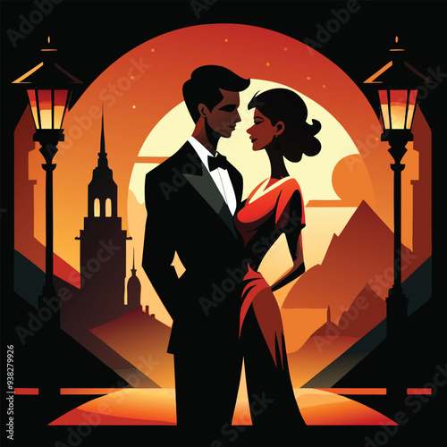 Couple At Night Vectors, Valentine's Day background of silhouette couples love scenario