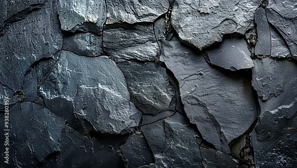 Black slate background with rough texture, closeup of stone surface with dark gray rock. Black color background with sharp lines and details for design Black slate background with rough texture, closeup of stone surface with dark gray rock. Black color background with sharp lines and details for design