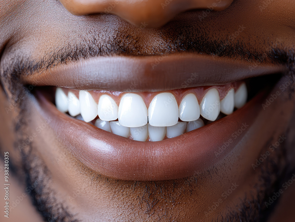 Obraz premium Close-up of an African-American man's smile with perfect white teeth.
