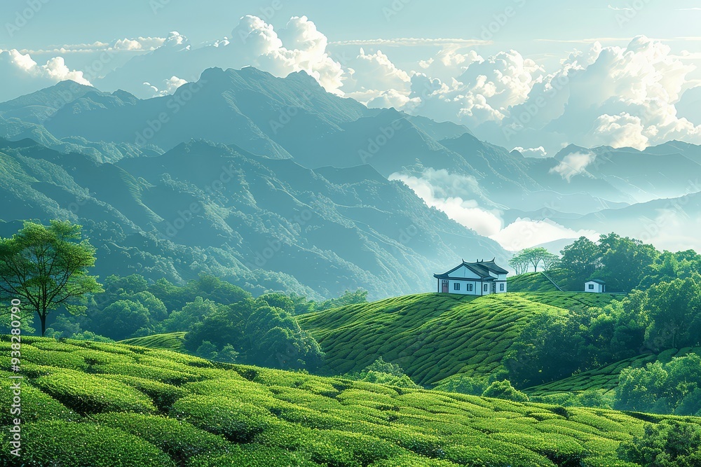 Chinese tea fields, flat illustrations, simple lines, green background Chinese tea fields, flat illustrations, simple lines, green background