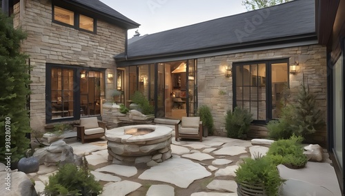 outdoor patio with a rustic wooden pergola, surrounded by lush greenery and flowers