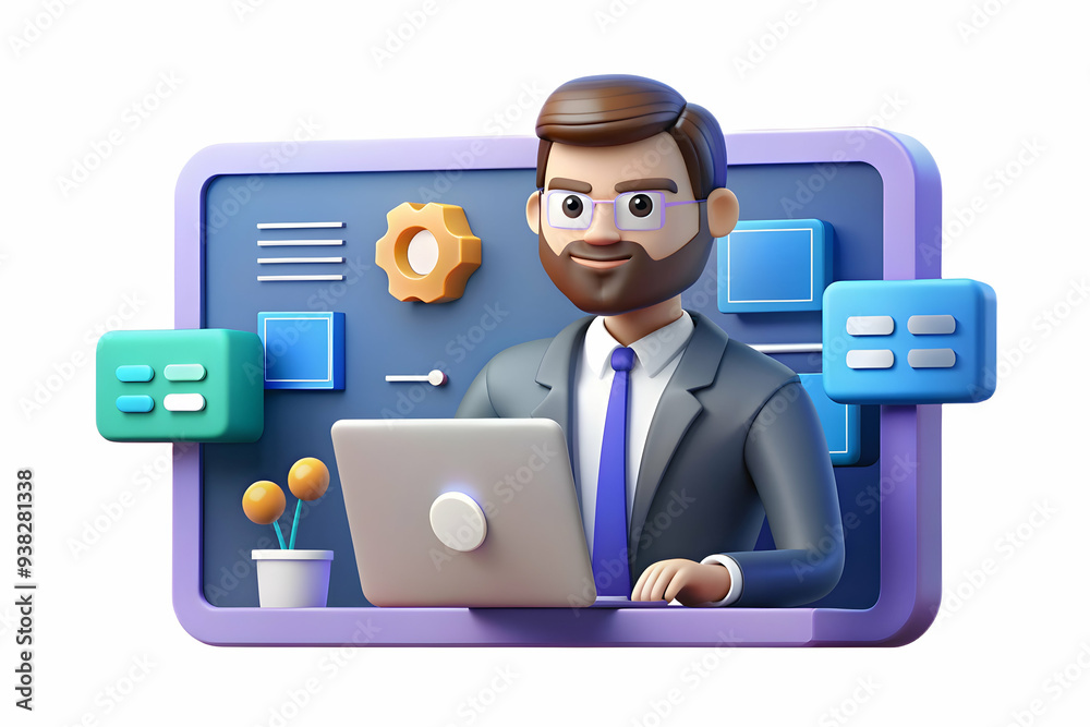 Tech-savvy software developer coding in virtual meeting with abstract interface and digital art. Highlighting technical skills and collaboration in software development.