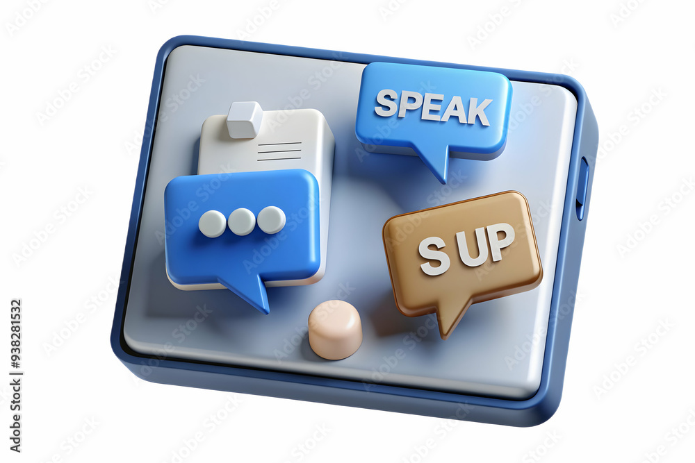 Tablet and Speech Bubble Icons with 'Speak Up' Text - Active Participation in Virtual Meetings. Minimalist and Professional Setup on Isolated White Background. Emphasizing the Importance of Contributi Tablet and Speech Bubble Icons with 'Speak Up' Text - Active Participation in Virtual Meetings. Minimalist and Professional Setup on Isolated White Background. Emphasizing the Importance of Contributi