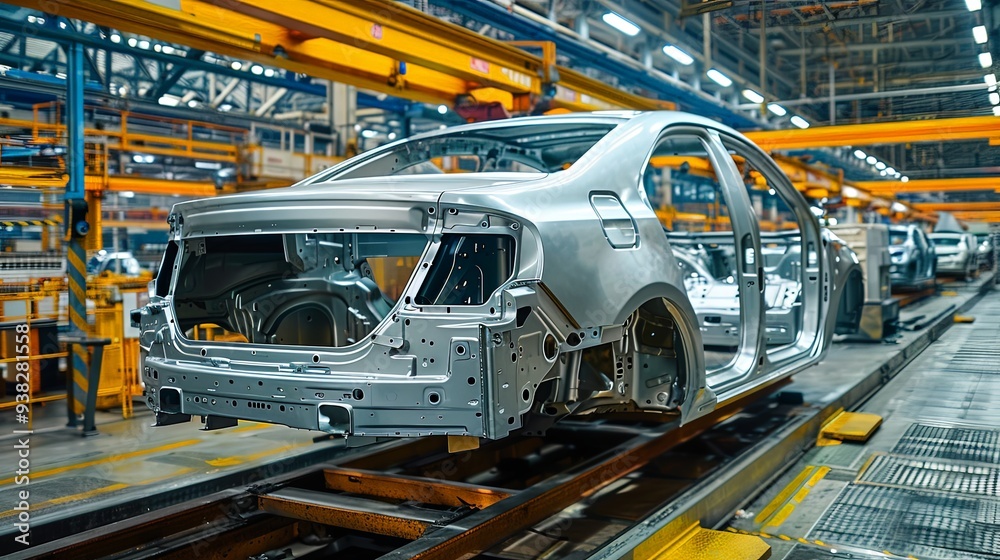The image features an automobile frame progressing through a modern assembly line, capturing the industrial precision and technology involved in vehicle manufacturing.