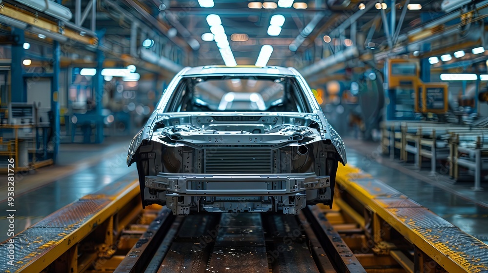 The image captures a vehicle chassis undergoing the assembly process in a large industrial plant, demonstrating the complexity and scale of modern automotive production. The image captures a vehicle chassis undergoing the assembly process in a large industrial plant, demonstrating the complexity and scale of modern automotive production.