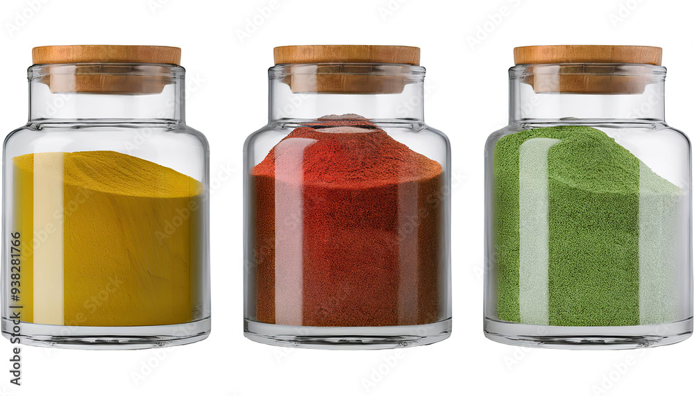 Organic spice jars with vibrant powders yellow green red isolated Organic spice jars with vibrant powders yellow green red isolated