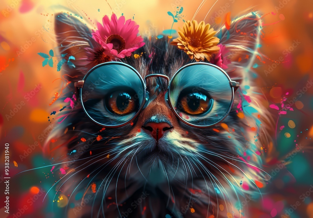 Fototapeta colorful cat with glasses and flowers in hair, colorful background