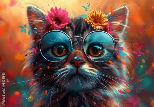 colorful cat with glasses and flowers in hair, colorful background