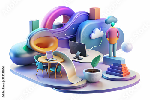 Abstract digital artwork showcasing flexible workspace concept with cloud tools. Dynamic shapes and colors symbolize mobility and connectivity in modern workspaces. Ideal for stock photos. photo