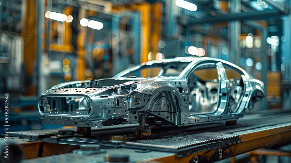 Side angle of a car frame on an assembly line in a manufacturing plant, showcasing the precision and technological advancements in automotive production processes. Side angle of a car frame on an assembly line in a manufacturing plant, showcasing the precision and technological advancements in automotive production processes.
