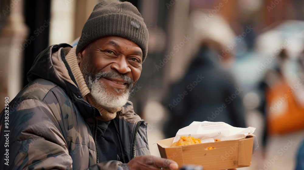 An elderly homeless black man with a gray beard, wearing a winter jacket and knitted hat. He sits on the street and holds a box of food in his hands, smiling and looking at the camera. An elderly homeless black man with a gray beard, wearing a winter jacket and knitted hat. He sits on the street and holds a box of food in his hands, smiling and looking at the camera.