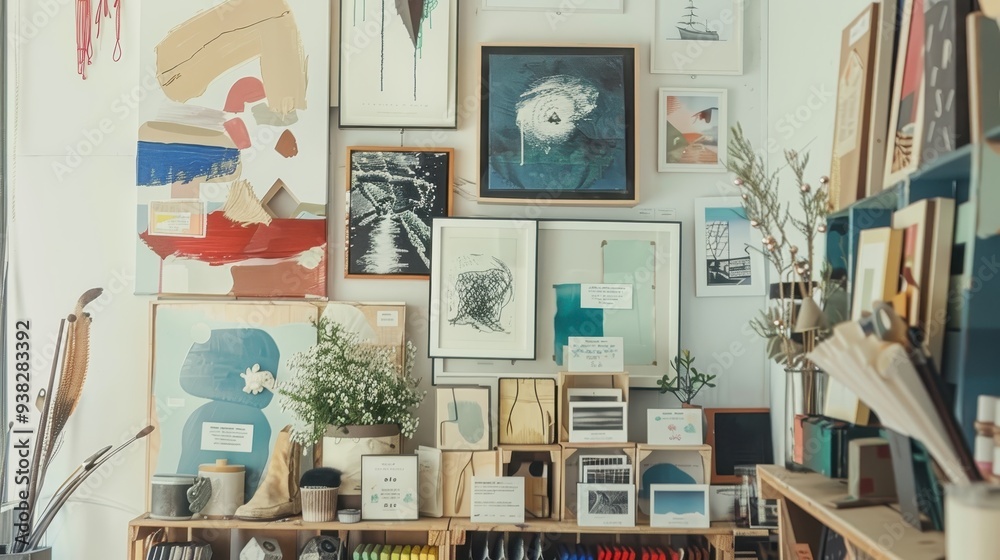 Art studio with various paintings and drawings displayed on the wall, creating a creative and inspiring atmosphere. Art studio with various paintings and drawings displayed on the wall, creating a creative and inspiring atmosphere.