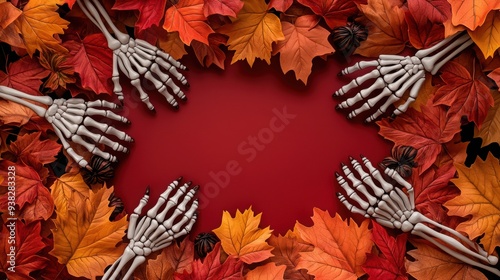 Skeleton hands surrounded by vibrant fall leaves, creating a spooky autumn scene on a red background for Halloween decor. photo