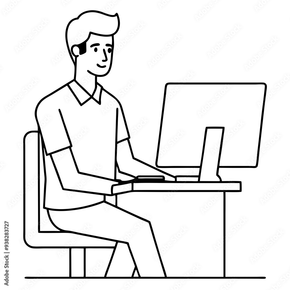 Young Man at Desktop Computer art vector illustration Young Man at Desktop Computer art vector illustration