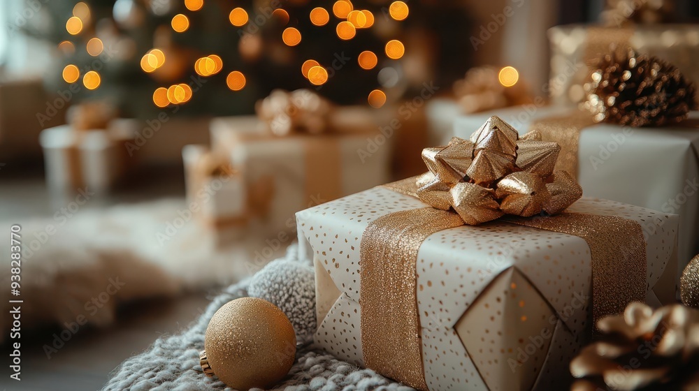 elegant gift boxes white and gold palette soft bokeh background cozy living room setting festive warmth luxurious holiday ambiance elegant gift boxes white and gold palette soft bokeh background cozy living room setting festive warmth luxurious holiday ambiance