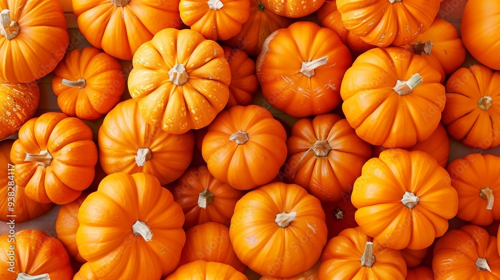 Top view of many ripe orange pumpkins. Pumpkin seamless pattern. Background with pumpkins. Autumn harvest.