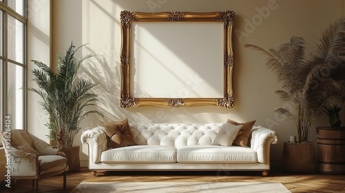 elegant living room interior with a large ornate gold frame mockup on a neutral wall soft natural light enhances the modern minimalist decor and creates a sophisticated ambiance photo