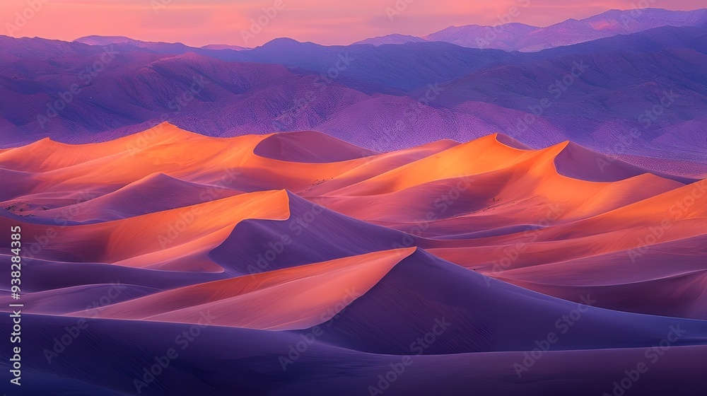 Naklejka premium An expansive desert landscape at sunset, where the sand dunes are painted with shades of deep orange, pink, and purple.