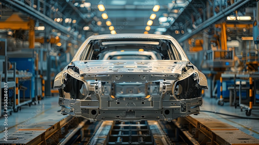 A car chassis is being assembled on an advanced production line in a modern automobile factory, demonstrating technological proficiency and manufacturing expertise. A car chassis is being assembled on an advanced production line in a modern automobile factory, demonstrating technological proficiency and manufacturing expertise.