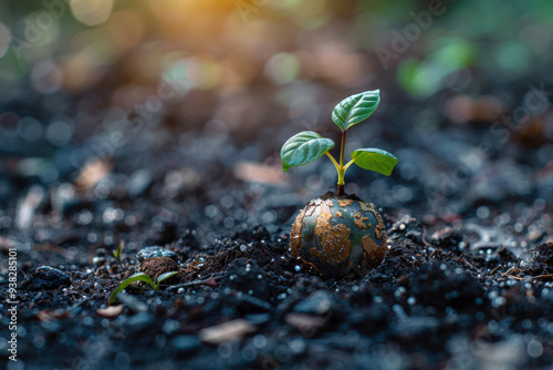 A small plant is growing in the dirt. The plant is surrounded by dirt and has a small ball of dirt on top of it