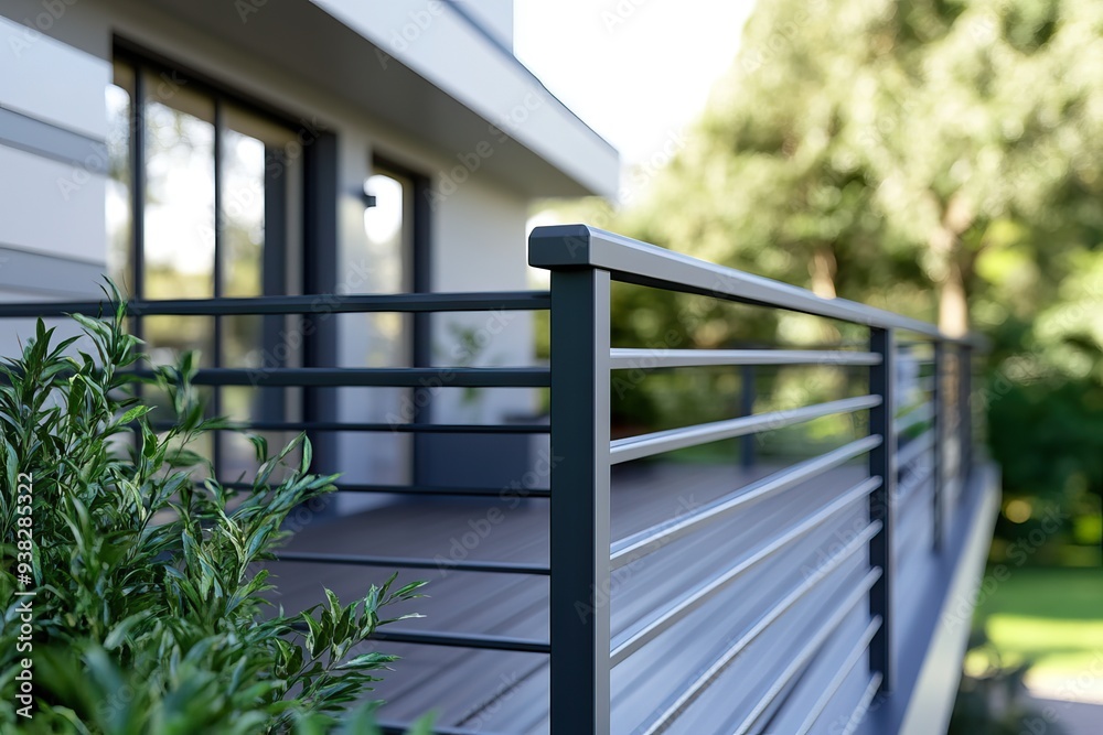 Ultra-Realistic Close-Up of a Modern Grey Aluminum Balcony Handrail. AI generated illustration Ultra-Realistic Close-Up of a Modern Grey Aluminum Balcony Handrail. AI generated illustration
