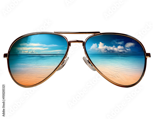 fashionable aviator sunglasses carved out on PNG that depict a beautiful beach setting 