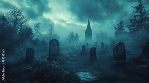 Haunted graveyard, eerie tombstones with text area available, photo