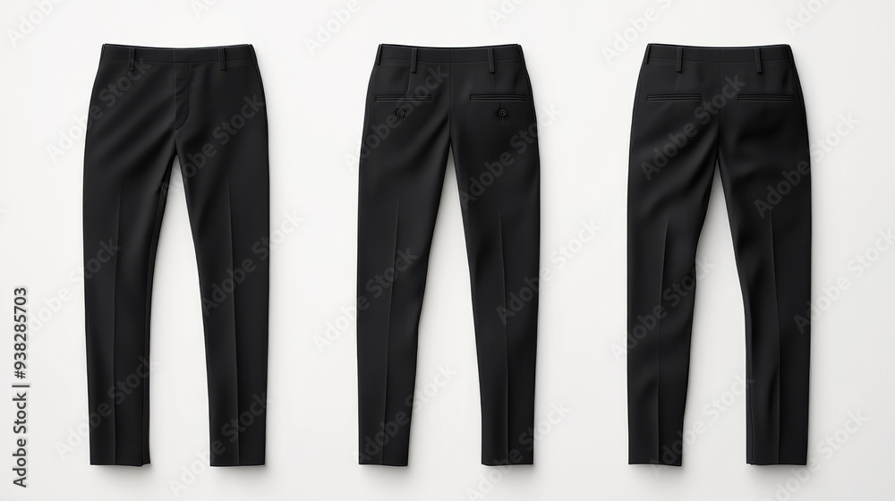 Black Formal Trousers Mockup - Front, Back and Side Views.