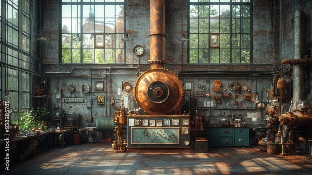 Obraz premium Industrial Workshop with Steam Engine