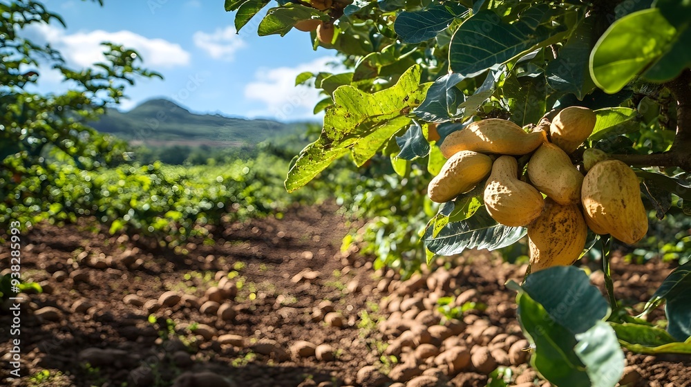A lush and vibrant cashew orchard with ripe cashew fruits basking in the warm tropical sunlight The scene showcases the bountiful harvest and the natural beauty of this agricultural setting A lush and vibrant cashew orchard with ripe cashew fruits basking in the warm tropical sunlight The scene showcases the bountiful harvest and the natural beauty of this agricultural setting