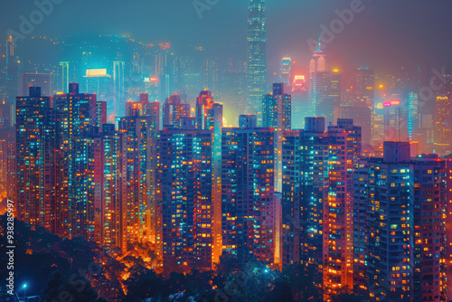 A city skyline at night with many tall buildings lit up. The city is lit up with neon lights and the sky is dark