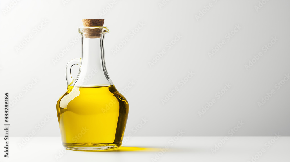 Glass bottle with yellow oil on a white background. Studio shot with place for text. Cooking ingredient and kitchenware concept. Glass bottle with yellow oil on a white background. Studio shot with place for text. Cooking ingredient and kitchenware concept.