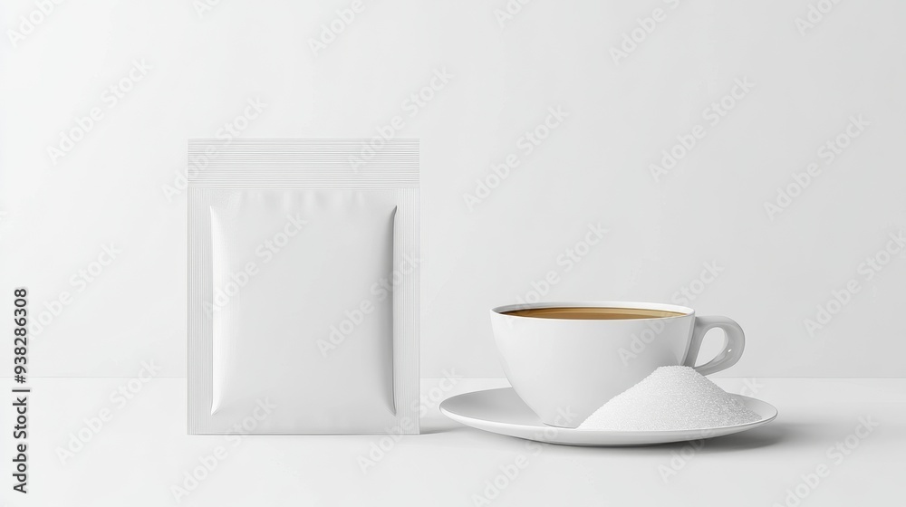 White Coffee Cup with Sugar and a Sachet Mockup. White Coffee Cup with Sugar and a Sachet Mockup.