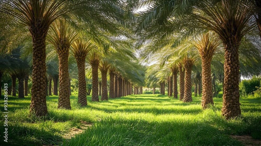 Obraz premium A photograph showcasing the vibrant date palm grove with lush green foliage and ripening dates high up in the trees