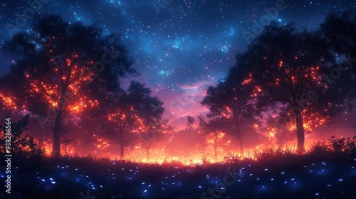 enchanted nocturnal forest scene with bioluminescent flora and ethereal mist towering trees silhouetted against a starry sky magical creatures peek from behind glowing mushrooms