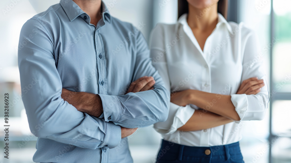 A man and a woman are standing next to each other, both wearing business attire. The man is wearing a blue shirt with a pattern, and the woman is wearing a white shirt A man and a woman are standing next to each other, both wearing business attire. The man is wearing a blue shirt with a pattern, and the woman is wearing a white shirt