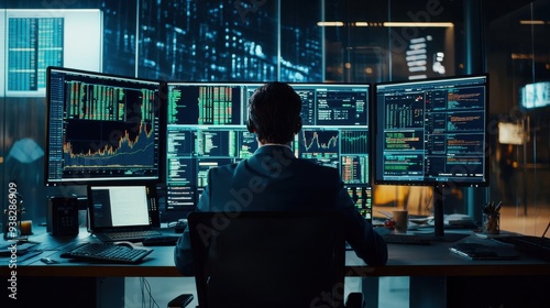 A trader in a financial company uses AI-driven software to optimize investment portfolios. Real-time data streams and predictive models are displayed on a multi-screen setup