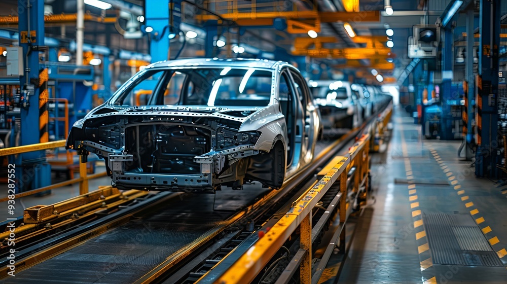 A view of an automotive assembly line with multiple car frames being worked on, illustrating the manufacturing process. Bright lights illuminate the production floor. A view of an automotive assembly line with multiple car frames being worked on, illustrating the manufacturing process. Bright lights illuminate the production floor.