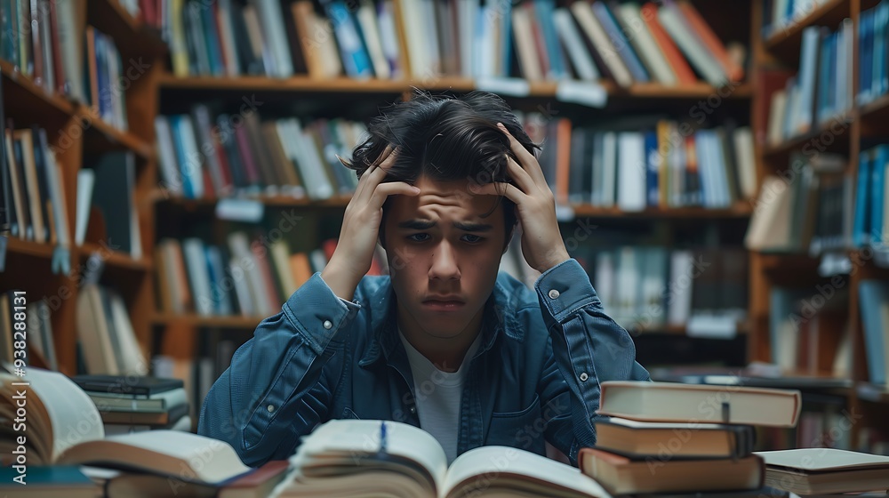 A male student stressed in the library, surrounded by books, looking down with a worried expression, symbolizing exam stress and academic pressure