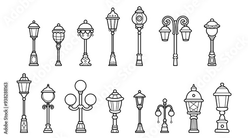 Collection of vintage street lamps in various designs, classic style and shapes, urban architectural elements, vector illustration.