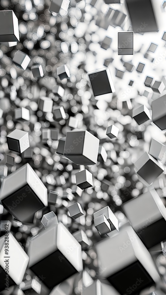 Floating Cubes. Monochromatic 3D render of various sized cubes and spheres suspended in space, creating a dynamic and abstract composition. Floating Cubes. Monochromatic 3D render of various sized cubes and spheres suspended in space, creating a dynamic and abstract composition.