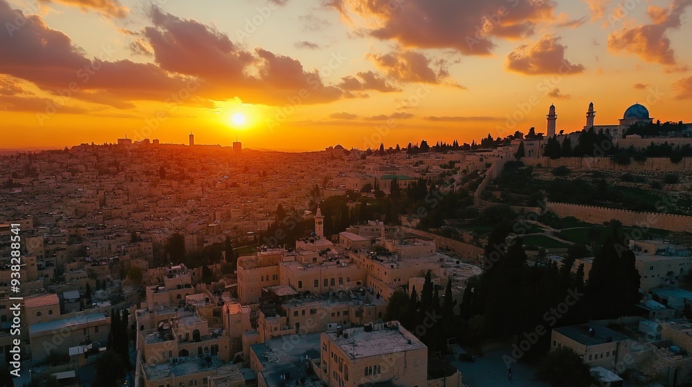 Fototapeta premium A Colorful, sunset sky and an aerial view of the arabic quarter of Jerusalem
