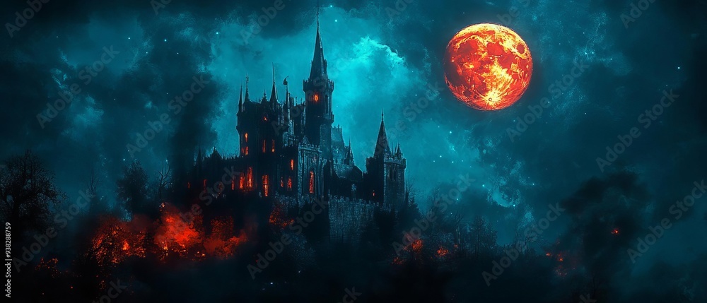Obraz premium Halloween night, haunted castle with blank text space,