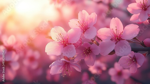 enchanting cherry blossom garden delicate pink sakura flowers in full bloom soft sunlight filtering through branches creating dreamy atmosphere