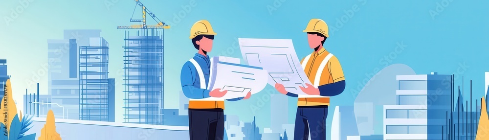 Illustration of engineers at a construction site with skyscrapers Illustration of engineers at a construction site with skyscrapers