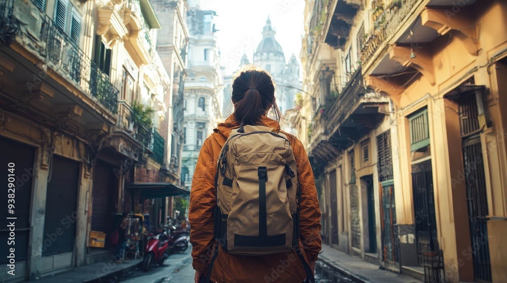 A travel scene of a person exploring a new city, walking through streets, visiting landmarks, and taking photos. The setting includes urban architecture, cultural sites A travel scene of a person exploring a new city, walking through streets, visiting landmarks, and taking photos. The setting includes urban architecture, cultural sites