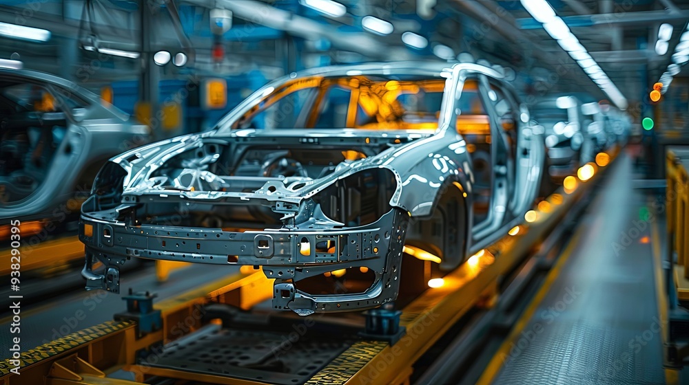 The image presents an illuminated car frame on an advanced manufacturing assembly line, capturing the essence of state-of-the-art technological advancements and production efficiency. The image presents an illuminated car frame on an advanced manufacturing assembly line, capturing the essence of state-of-the-art technological advancements and production efficiency.